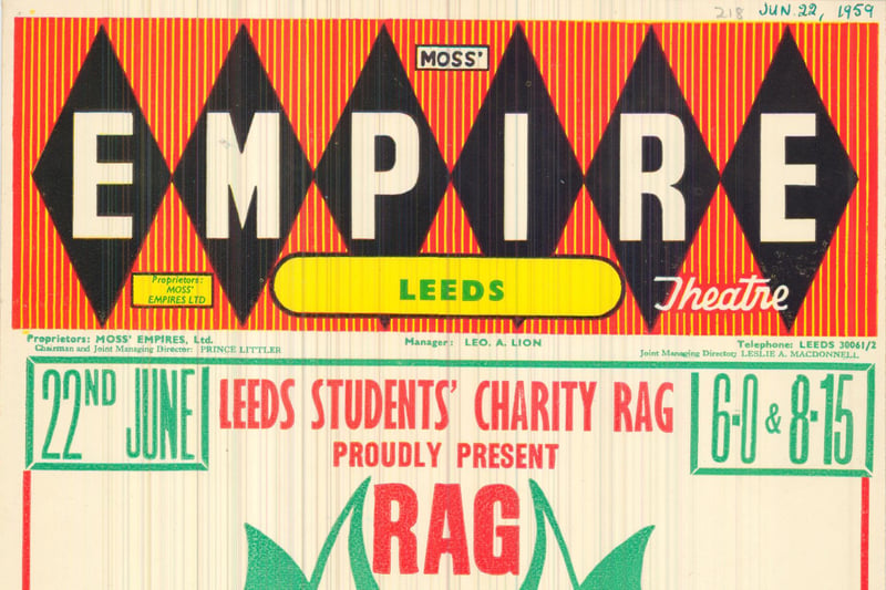 The Empire Theatre staged  Rag Revue 1959 by the Leeds Student's Charity. 'Rag Needs Your Help to make it Devilish Good!'. Performances in June 1959 were twice nightly, at 6pm and at 8.15pm.