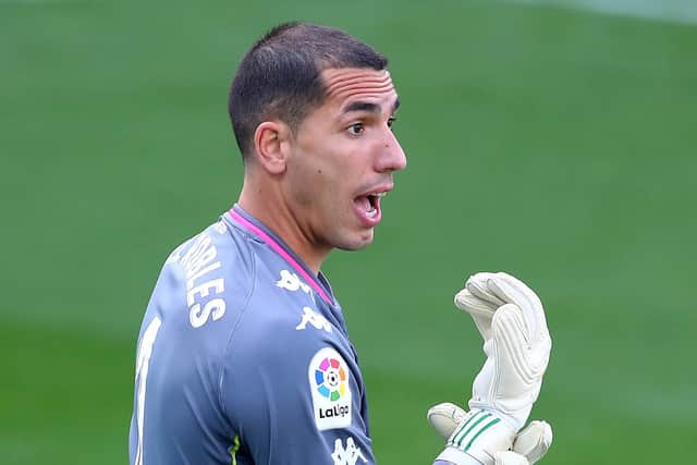CADIZ, SPAIN - FEBRUARY 28: Joel Robles of Real Betis reacts during the La Liga Santander match between Cadiz CF and Real Betis at Estadio Ramon de Carranza on February 28, 2021 in Cadiz, Spain. Sporting stadiums around Spain remain under strict restrictions due to the Coronavirus Pandemic as Government social distancing laws prohibit fans inside venues resulting in games being played behind closed doors. (Photo by Fran Santiago/Getty Images)