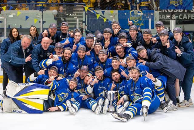 BEST YET: Leeds Knights celebrate their 2026 NIHL National play-off triumph in Coventry. Picture: Miles Tidman/Knights Media.