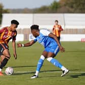Bradford City's Bryce Hosannah (centre) takes on Tonbridge Angels' Kristian Campbell during the FA Cup first round match at Longmead Stadium, Tonbridge. PA Photo. Picture date: Saturday November 7, 2020.