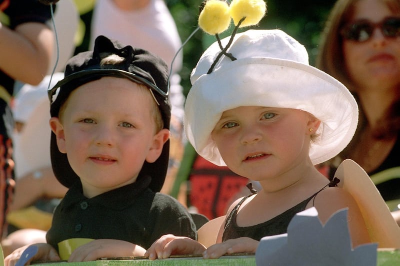 Thomas Gray and Lauren Creasser on the Bizzy Bee playgroup float at Rothwell Carnival in July 1999.