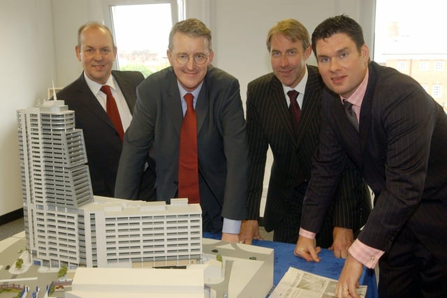 Launch of the commencement of the Bridgewater Place development in Leeds city centre. Pictured, from left, Ian Barraclough, MD of St James' Security, MP Hilary Benn, guest, Kevin Linfoot, KW Linfoot plc, and Chris Gillman, director, Landmark Development, on May 21, 2004.