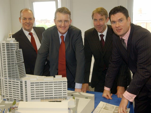 Launch of the commencement of the Bridgewater Place development in Leeds city centre. Pictured, from left, Ian Barraclough, MD of St James' Security, MP Hilary Benn, guest, Kevin Linfoot, KW Linfoot plc, and Chris Gillman, director, Landmark Development, on May 21, 2004.