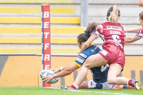 Tara Moxon scores Rhinos' third try in the Challenge Cup semi-final win over Wigan. Picture by Allan McKenzie/SWpix.com.