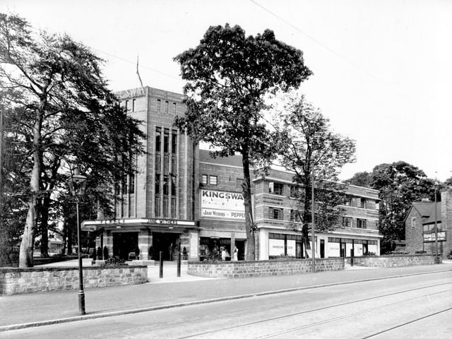 The Kingsway Cinema pictured in August 1937. It was built in the grounds of Allerton Lodge, a large house off Harrogate Road. It seated 1,150 people with car parking available for 150 cars and opened on 28 June 1937 showing 'Head Over Heels' with Jessie Matthews. It boasted of having 'Mirrorphonic' sound. The cinema closed in August 1958. After conversion it re-opened as the New Vilna synagogue on 6th September 1959. After the synagogue was vacated due to a move elsewhere, the building was destroyed by fire and had to be demolished. Beechwood Court, a complex of flats was built on the site.