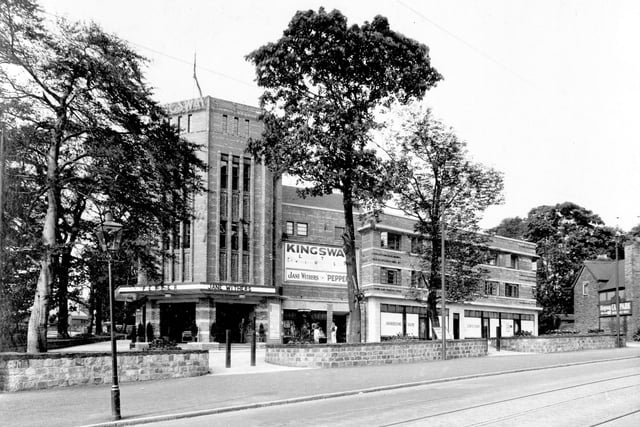 The Kingsway Cinema pictured in August 1937. It was built in the grounds of Allerton Lodge, a large house off Harrogate Road. It seated 1,150 people with car parking available for 150 cars and opened on 28 June 1937 showing 'Head Over Heels' with Jessie Matthews. It boasted of having 'Mirrorphonic' sound. The cinema closed in August 1958. After conversion it re-opened as the New Vilna synagogue on 6th September 1959. After the synagogue was vacated due to a move elsewhere, the building was destroyed by fire and had to be demolished. Beechwood Court, a complex of flats was built on the site.