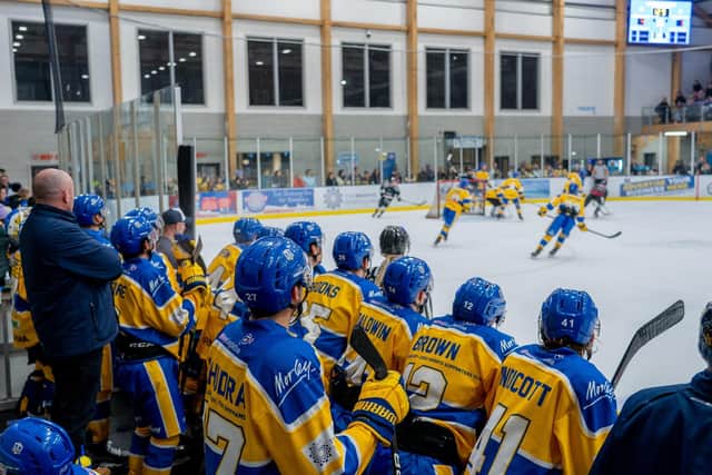 WINNING FORMULA: Head coach Ryan Aldridge (far left) has overseen a successful season so far for Leeds Knights, one of three teams vying for the coveted regular season NIHL National league title. Picture courtesy of Oliver Portamento.