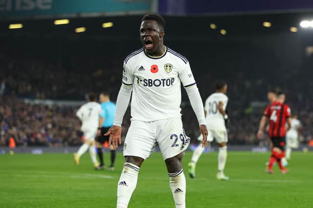 LEEDS, ENGLAND - NOVEMBER 05: Wilfried Gnonto of Leeds United celebrates their sides second goal during the Premier League match between Leeds United and AFC Bournemouth at Elland Road on November 05, 2022 in Leeds, England. (Photo by Marc Atkins/Getty Images)