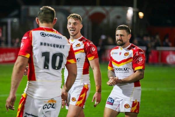 Catalans Dragons' Paul Seguier, left and Michael McIlorum. Picture by Rémi Vignaud/Catalans Dragons/SWpix.com.