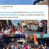 The Leeds Pride 2022 parade on Lower Briggate and, inset, a tweet from Leeds United.