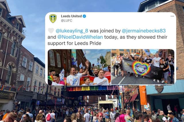 The Leeds Pride 2022 parade on Lower Briggate and, inset, a tweet from Leeds United.