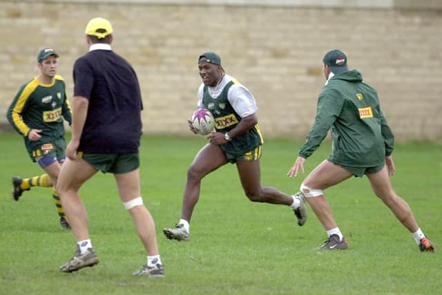 Wendell Sailor (ball in hand) training with Australia at Kirkstall, in Leeds, during the 2000 Rugby League World Cup. Picture by Dan Oxtoby.