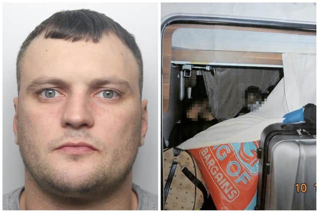 Hennigan and the compartment where the immigrants were found in the campervan. (pics by Home Office)