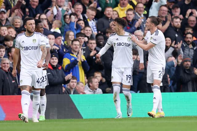 CALL FOR CALM: From Leeds United defender Luke Ayling, right, pictured after Rodrigo, second centre, had put the Whites in front against Fulham on Sunday, only for Jesse Marsch's side to then fall to a 3-2 defeat. Photo by George Wood/Getty Images.