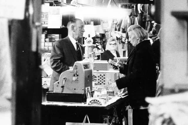 Leeds, 31st January 1974A typical shoppers eye view of Scarrs in Leeds Market.