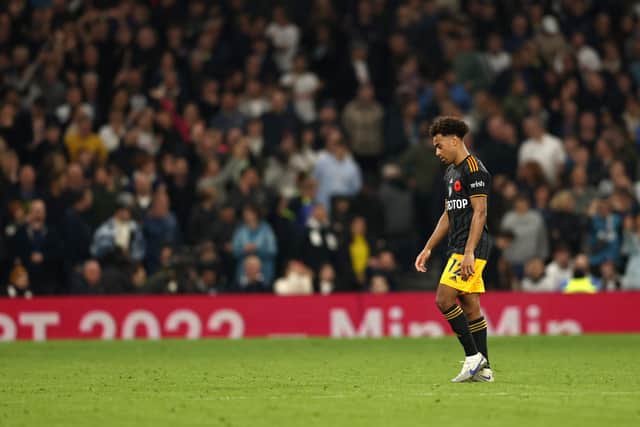LONDON, ENGLAND - NOVEMBER 12: Tyler Adams of Leeds United leaves the field after being shown a second yellow card, resulting in a red card during the Premier League match between Tottenham Hotspur and Leeds United at Tottenham Hotspur Stadium on November 12, 2022 in London, England. (Photo by Paul Harding/Getty Images)