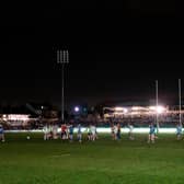 Wakefield and Leeds players on the field after the floodlights went out during the Betfred Challenge Cup round four tie. Picture by Allan McKenzie/SWpix.com.