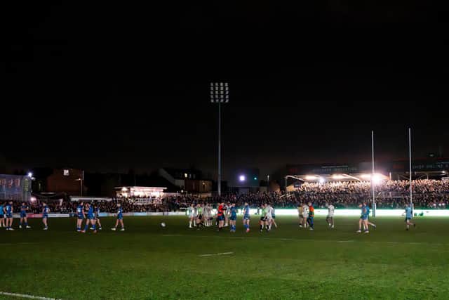 Wakefield and Leeds players on the field after the floodlights went out during the Betfred Challenge Cup round four tie. Picture by Allan McKenzie/SWpix.com.