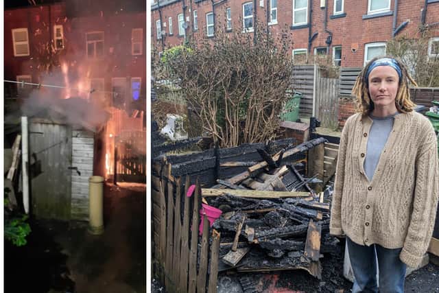Elena Ginns pictured next to the remnants of the fire in her back garden in Burley that was started in the early hours of the morning i.
