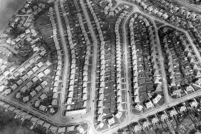 An aerial view of Carr Manor Housing Estate, a private suburban estate built in the 1950s by S.& N. Shute Ltd., Leeds who were one of the largest housebuilding companies in the north of England. It is located between Stonegate Road, top left, Scott Hall Road, top right and Stainbeck Road out of the picture below. Roads running up, from left, are:- Carr Manor Avenue, Carr Manor Road, Carr Manor Drive, Carr Manor Grove. Around the outside are Carr Manor View, top and right, Carr Manor Parade bottom right and Carr Manor Crescent bottom left.
