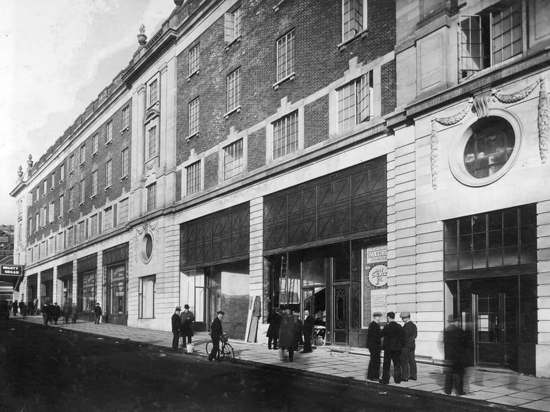 Lewis's department store is being built to the extreme left. The bottom row of buildings along the picture is part of 20 The Headrow, The Paramount Theatre (manager L.J Harris). Pictured in February 1932.