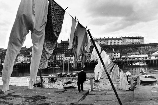 A line of washing makes a brave showing above Whitby Harbour in May 1971.