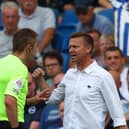 BRIGHTON, ENGLAND - AUGUST 27: Jesse Marsch, Manager of Leeds United, is shown a yellow card during the Premier League match between Brighton & Hove Albion and Leeds United at American Express Community Stadium on August 27, 2022 in Brighton, England. (Photo by Bryn Lennon/Getty Images)