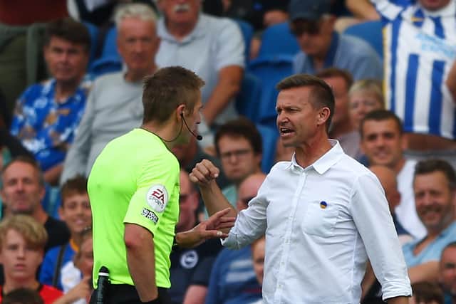 BRIGHTON, ENGLAND - AUGUST 27: Jesse Marsch, Manager of Leeds United, is shown a yellow card during the Premier League match between Brighton & Hove Albion and Leeds United at American Express Community Stadium on August 27, 2022 in Brighton, England. (Photo by Bryn Lennon/Getty Images)