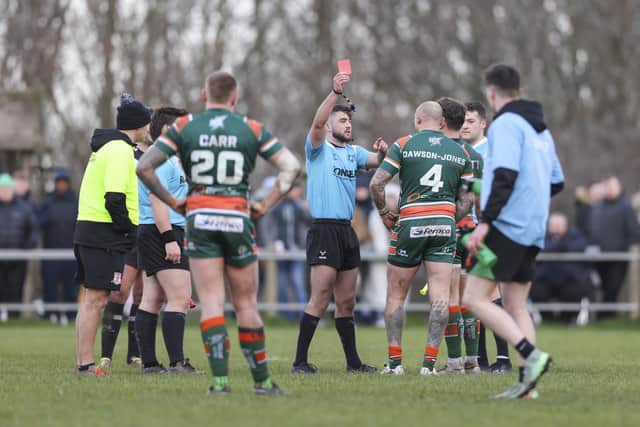 Matty Dawson-Jones was sent-off during Hunslet RLFC's Betfred Challenge Cup win at Stanningley last weekend. Picture by John Victor.