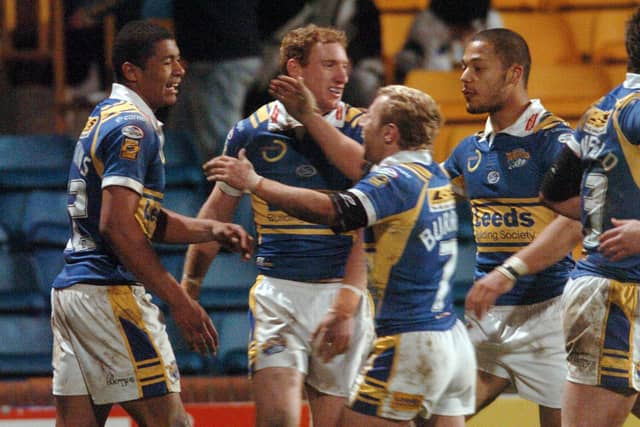 Kallum Watkins is congratulated after scoring on his debut for Leeds Rhinos against Celtic Crusaders on April 18, 2008. He will return for Leeds agianst Huddersfield Giants this Friday, exactly 17 years later. Picture by Steve Riding.