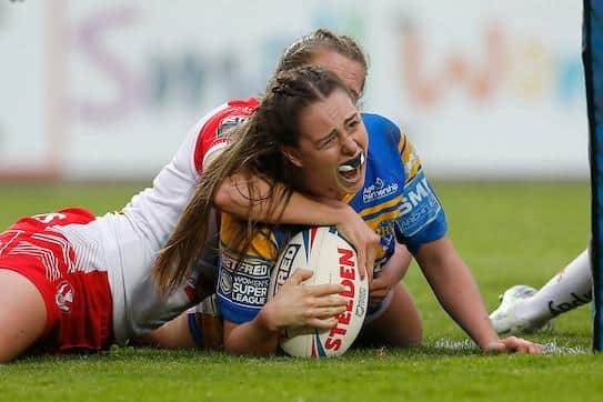 Fran Goldthorp scores the crucial try in Rhinos' win at St Helens two months ago. Picture by Ed Sykes/SWpix.com.