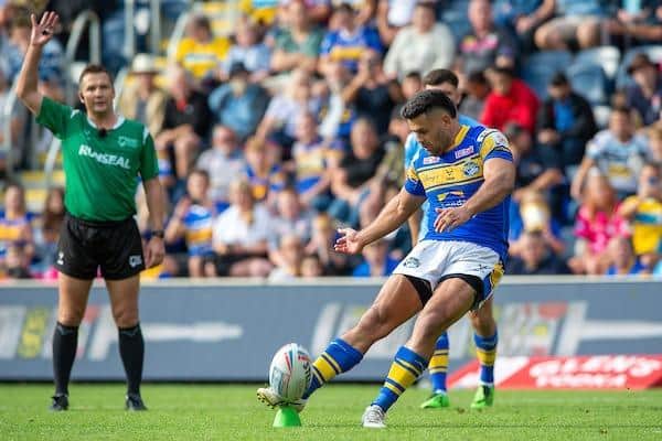 Rhyse Martin converts Kruise Leeming's try to level the scores for Rhinos against Castleford. Picture by Bruce Rollinson/SWpix.com.
