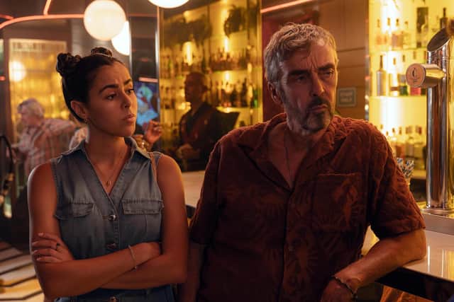 John Hannah stars as grizzled ex-detective Dennis Crown in the new Channel 5 series Benidorm is Murder, alongside Carolina Becquer as sidekick Rosa (Picture: 5 Broadcasting Ltd/Clapperboard)