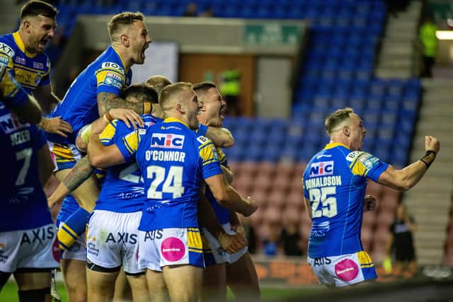 James Bentley celebrates after scoring for Rhinos in last season's semi-final win at Wigan. Picture by Bruce Rollinson.