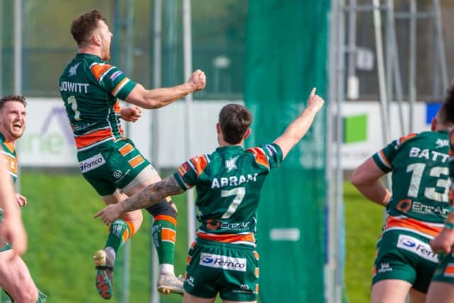 Dan Abram celebrate's with Billy Jowitt after the latter's winning kick for Hunslet against Newcastle Thunder last week. Pictrure by Zac Berg.