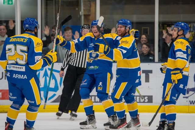 ON THE MARK: Leeds Knights' Cole Shudra celebrates a goal against Peterborough earlier this season. Picture courtesy of Oliver Portamento.