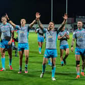 Rhinos celebrate their win at Hull KR last August. Picture by Bruce Rollinson.