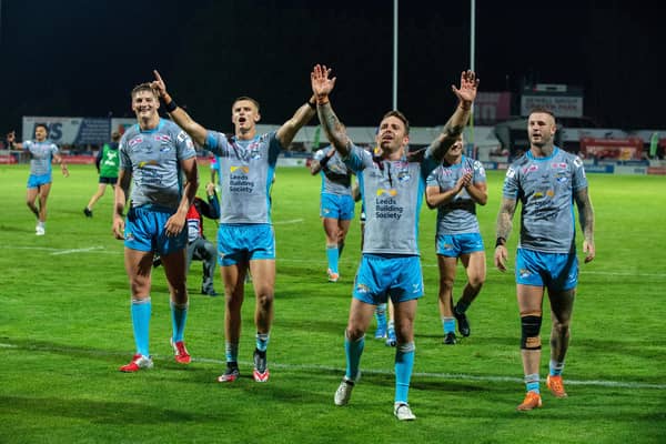 Rhinos celebrate their win at Hull KR last August. Picture by Bruce Rollinson.