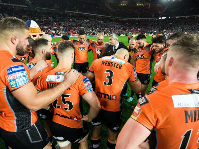 Castleford Tigers coach Daryl Powell speaks to his gutted players after their Old Trafford loss to Leeds Rhinos.