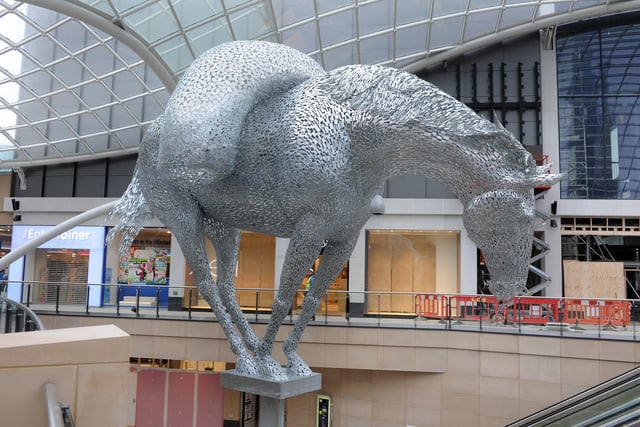Equus Altus, Trinity Leeds' horse, is 5 metres (16 ft) tall, weighs 2 tonnes, and stands atop a 10 metre (33ft) steel column.