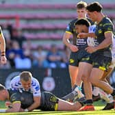 Harry Newman scores for Leeds Rhinos during their 48-24 win at Toulouse Olympique. Picture by Fabrice Rodriguez/SWpix.com.