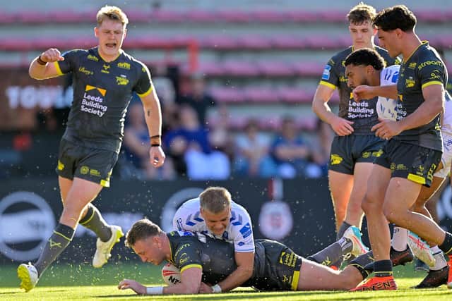 Harry Newman scores for Leeds Rhinos during their 48-24 win at Toulouse Olympique. Picture by Fabrice Rodriguez/SWpix.com.