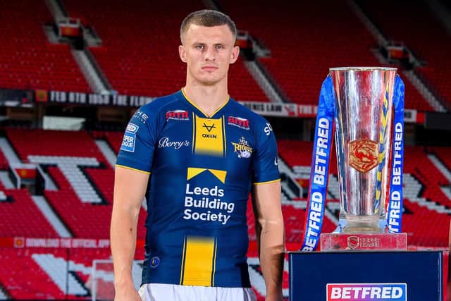 Leeds Rhinos captain Ash Handley at Old Trafford with the Super League trophy he hopes to get his hands on in two weeks' time. Picture by Allan McKenzie/SWpix.com.