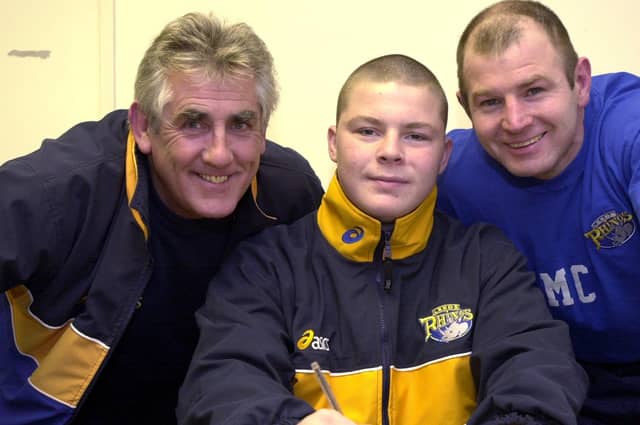 Bob Pickles, left, pictured in March, 2000, with youth boss Mick Cook, right and teenage recruit Joel Nelson, who was among hundreds of players brought to Leeds Rhinos by the legendary head scout. Picture by Justin Lloyd.