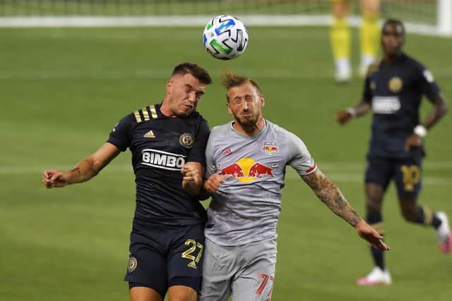 CHESTER, PA - AUGUST 25: Kai Wagner #27 of Philadelphia Union and Daniel Royer #77 of New York Red Bulls head the ball at Subaru Park on August 25, 2020 in Chester, Pennsylvania. (Photo by Drew Hallowell/Getty Images)