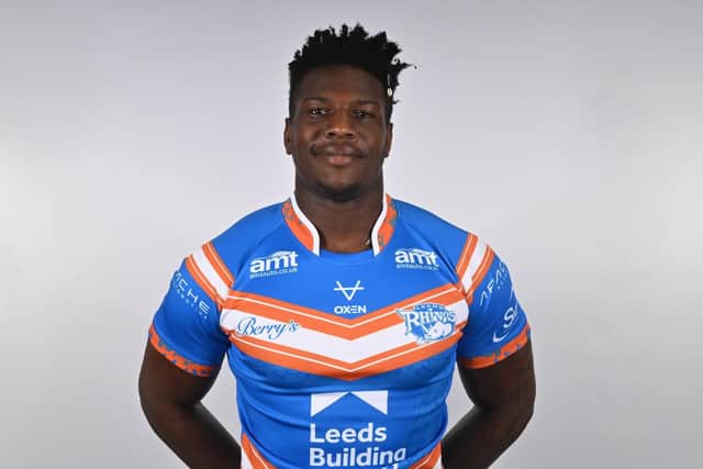 Justin Sangare models the unique Rob Burrow tribute shirt to be worn by Leeds Rhinos when they play host to Leigh Leopards on MND Awareness Day. Picture by Matthew Merrick Photography/Leeds Rhinos.