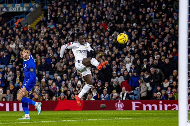 Leeds Wilfried Gnonto fires in a first minute volley to score. (Picture Tony Johnson)