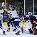 PARTY TIME: Edgars Vengis celebrates a Leeds Knights goal in last Saturday's 9-2 home win over Peterborough Phantoms. Picture: Charlotte Clarke/Knights Media.