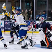 PARTY TIME: Edgars Vengis celebrates a Leeds Knights goal in last Saturday's 9-2 home win over Peterborough Phantoms. Picture: Charlotte Clarke/Knights Media.