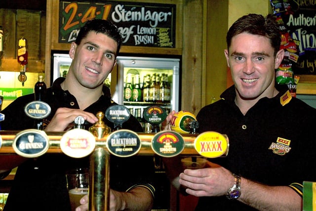 Members of the Australian RL team enjoy a night out at the Walkabout during their tour for the Rugby World Cup in November 2000. Pictured are Trent Barret (left) and Brad Fittler (captain).